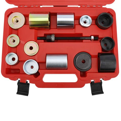 BTSHUB bearing puller kit in a red case with metal adapters and black spacers for BMW rear axle bushings