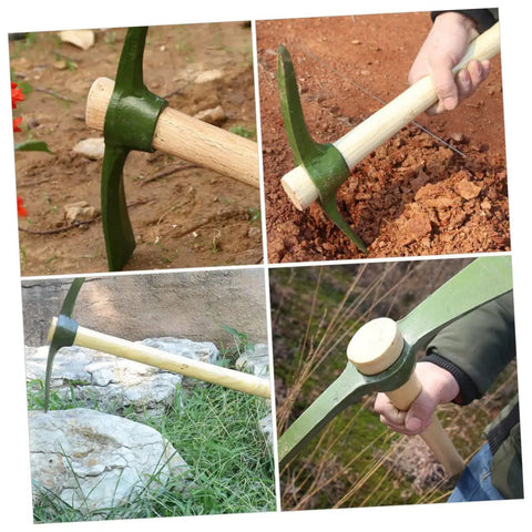 Steel Garden Pickaxe With Wooden Handle For Weeding And Soil Cultivation, durable hand hoe in various garden work scenarios.