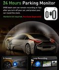 Car with 4K Front And Rear Dash Cam With WiFi And App Control For Cars, displaying 24/7 Parking Mode and loop recording features.