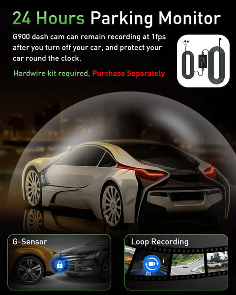 Car with 4K Front And Rear Dash Cam With WiFi And App Control For Cars, displaying 24/7 Parking Mode and loop recording features.