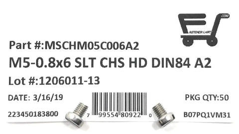 Top Shelf M5 X.80 X 6 Stainless Steel Slotted Cheese Head Machine Screws packaged with barcode and specifications.