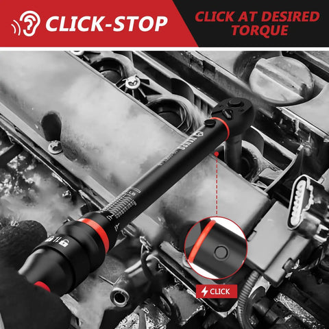 Three Eighths Inch Drive Torque Wrench Beefy With Ten To One Hundred Foot Pounds Range Click Type Seventy Two Tooth Ratchet ABS And TPR Grip Portable Case For Motorcycle Car And Small Machinery Maintenance in use on engine bolt