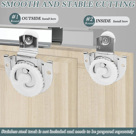 Sliding Wardrobe Door Hardware Set With Four Rollers And Eight Screws for Closet Cabinets shown installed on wooden door