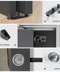 Eight Foot Bypass Double Sliding Pocket Door Hardware Kit For Two Door System With Aluminum Track Commercial Grade Smooth Soft Glide Ball Bearing Rollers Easy Install Concealed Track No Doors Included, showing components like floor guide, door stopper, and door pull.
