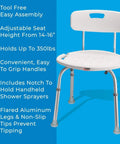 Shower Chair With Back For Elderly And Disabled, Lightweight Aluminum Bath Seat Supports Up To 300 Lbs, Easy Assembly, Non Slip, Easy Clean, White Handicap Bath Chair