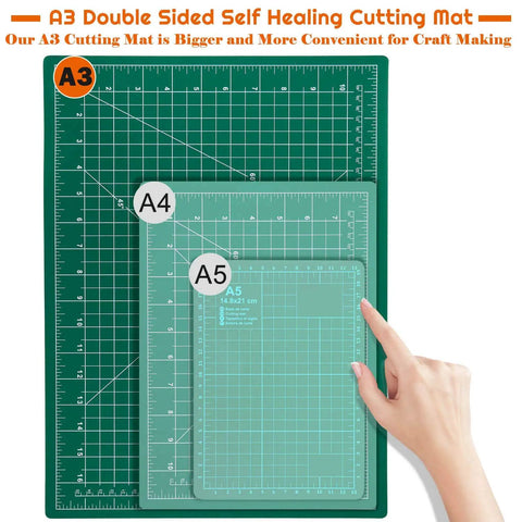 Self Healing Cutting Mat For Sewing And Crafts 12x18 Inch Double Sided shown with A4 and A5 sizes for comparison and crafting use.