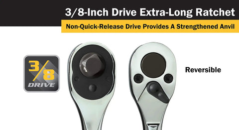 Heavy Duty Three Eighth Inch Drive 18 Inch Extra Long Ratchet With 36 Tooth Reversible Mechanism Chrome Vanadium Steel Close-up