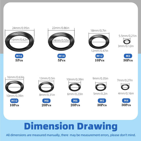 Glarks conical knurled spring washer set, M3–M16, black 65Mn steel; dimension drawing shows sizes and quantities