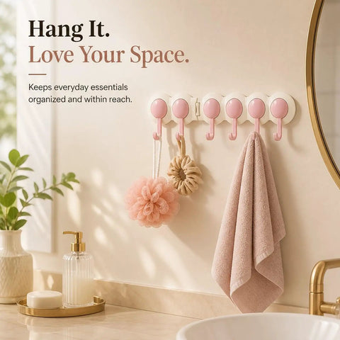 Hassle Free Peel And Stick Wall Hooks With Six Swiveling Rotating Arms For Hanging Bath Towels Kitchen Tools And Daily Gear Directly On Any Smooth Surface, mounted on a bathroom wall.