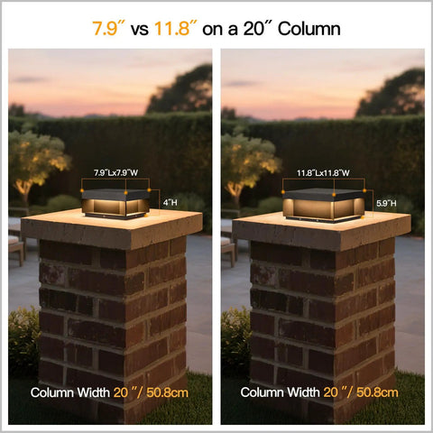 Comparison of 7.9 inch and 11.8 inch Outdoor Post Light 11.8 Inch Column Lamp Hardwired For Patio Driveway Gate Waterproof 3000K Warm LED Pillar Lighting For Fence Deck Garden Pathway Landscape on brick columns