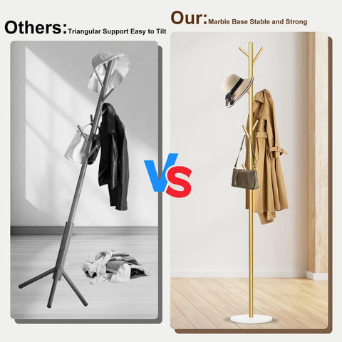 Comparison of gold metal freestanding coat rack with eight hooks and marble base next to a flimsy rack, sturdy coat tree for entryway.