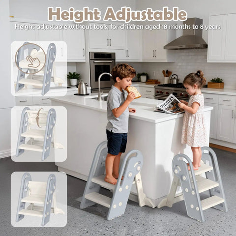 Hella Steady Adjustable Toddler Step Stool With Handles Converts From 3 To 2 Setup As Kiddos Grow Non Slip Safety Footrest For Bathroom Sink And Kitchen Counter Grey, children using stool in kitchen.