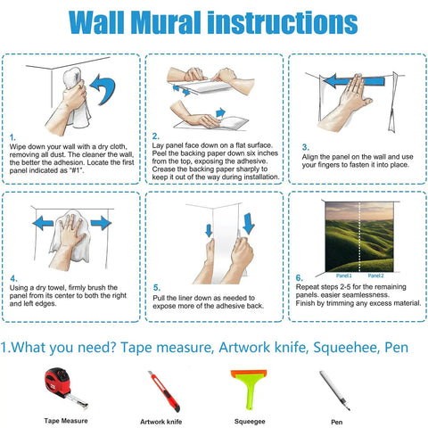 Wall mural installation instructions showing steps for Custom Peel And Stick Wall Mural Featuring Lush Green Meadow Scene.