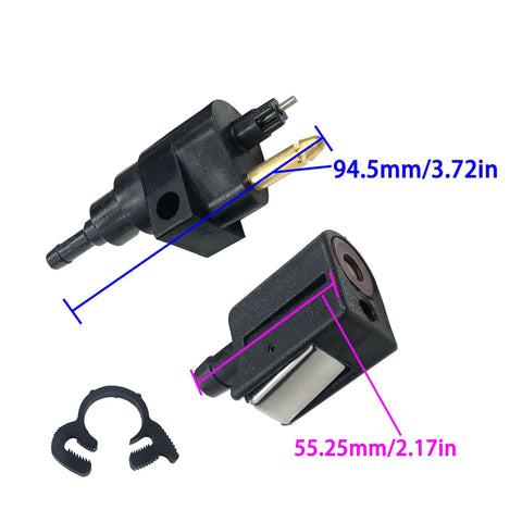 Rugged Outboard Fuel Line Connector Set For Nissan Tohatsu Evinrude Johnson OMC 4HP Through 30HP; male and female couplers with dimensions.