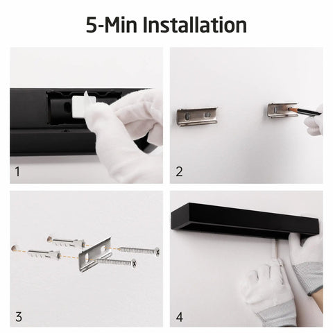 Steps to install Matte Black 10 Inch Towel Bar Wall Mount For Bathroom Made From SUS304 Stainless Steel shown in four images.
