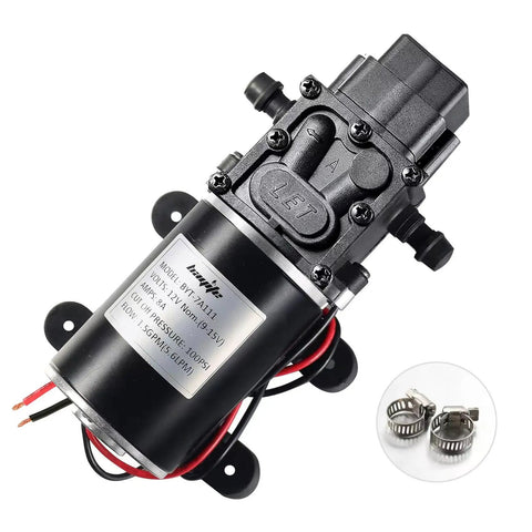 12V Diaphragm Water Pump 1.5 GPM At 100 PSI Self Priming DC Fresh Water Pump For RV Camper Boat with 2 Hose Clamps