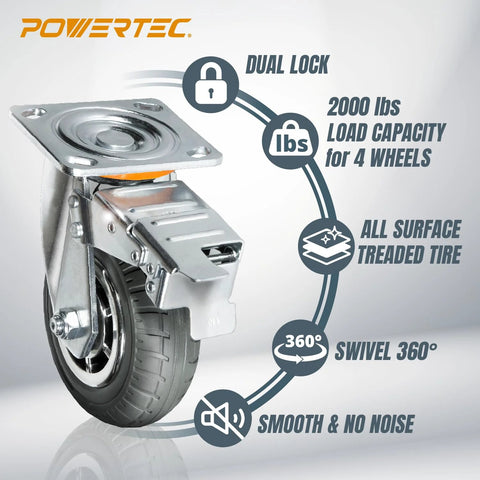 Side view of 8-Inch Heavy Duty Caster Wheels Set Of 4 With Dual Locking Brakes Non-Pneumatic Polypropylene Tire All Terrain