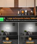 Two Pack 54 LED Under Cabinet Lights 12.5 Inch Wireless Motion Sensor Light 7000K Cool White USB C Rechargeable 2200mAh Magnetic Mount for Kitchen Closet Stairs Hallways shown in kitchen and living room settings