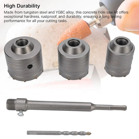Versatile Hole Saw Kit For Concrete And Masonry With Dope Tungsten Steel YG8C Alloy Bits Built To Last For Hollow Brick And Cement Walls Perfect For Drilling Concrete And Various Materials Includes Portable Storage Case And Triple Tooth Design, 3 hole saws with arbor and drill bit