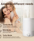 Mother and child smiling next to Large Room Ultrasonic Humidifier With Top Fill 2.5L Tank, showing mist modes.