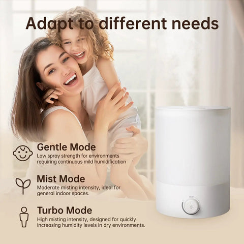 Mother and child smiling next to Large Room Ultrasonic Humidifier With Top Fill 2.5L Tank, showing mist modes.