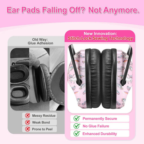 Comparison of ear pads using glue vs. Kids Ear Protection 2 Pack Adjustable Noise Reduction Earmuffs with new stitch-lock design