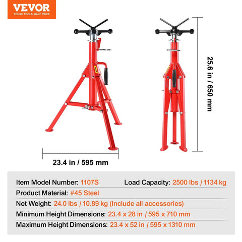 VEVOR red V-Head pipe stand, adjustable 28–52 in, 2500 lb capacity, carbon steel frame