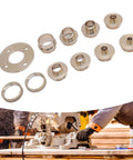 Workhorse Brass Bushing Guide Set For Woodworkers Rock Solid Router Template Kit showing eight brass bushings and one flange for precision routing.