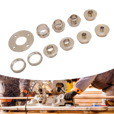Workhorse Brass Bushing Guide Set For Woodworkers Rock Solid Router Template Kit showing eight brass bushings and one flange for precision routing.