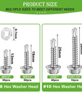 Pro Grade Hex Washer Head Self Drilling Screws And Tapping Fasteners From Tough 410 Stainless Steel With 300 Piece Assorted Kit Plus Matching Washers In A Clear Case for sizes #8 and #10 shown.