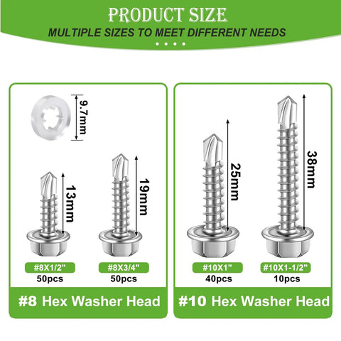 Pro Grade Hex Washer Head Self Drilling Screws And Tapping Fasteners From Tough 410 Stainless Steel With 300 Piece Assorted Kit Plus Matching Washers In A Clear Case for sizes #8 and #10 shown.