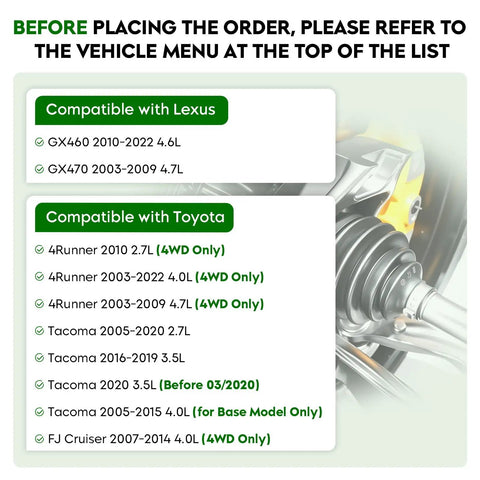 Straight Shot Front Left Or Right CV Axle Shaft Assembly For Toyota And Lexus 4Runner Tacoma FJ Cruiser GX460 GX470 2003 To 2022 Plug And Play Driveshaft compatibility chart