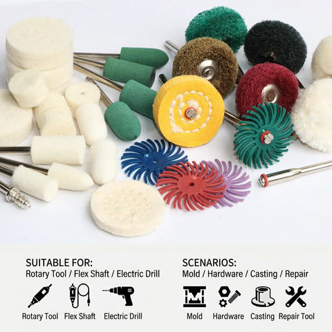 Badass 109 Piece Buffing Wheels Polishing Kit With 3mm Shank Rotary Tool Accessories For Dremel Includes Mini Felt Pads, assorted sizes.