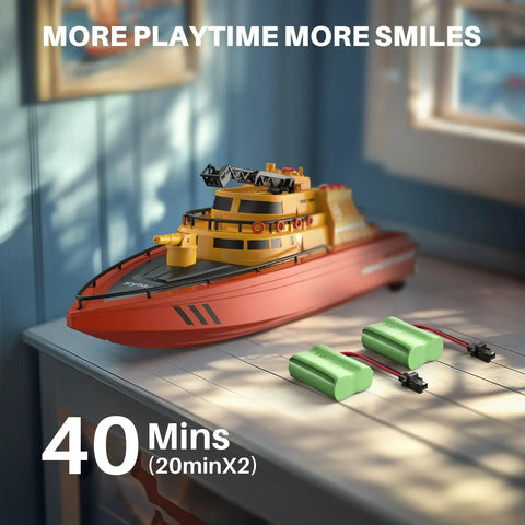 Awesome Remote Control Fireboat RC Boat For Kids 8 To 12 With 40 Minutes Run Time Two Batteries on display stand indoors