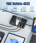 Heavy Duty Flat Plug Surge Protector Power Strip Featuring 11 Wide Spread AC Outlets And 6 Fast Charge USB Ports Slick Extension Cord on a desk.