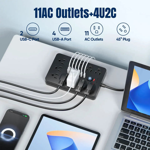 Heavy Duty Flat Plug Surge Protector Power Strip Featuring 11 Wide Spread AC Outlets And 6 Fast Charge USB Ports Slick Extension Cord on a desk.