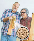 Professional Grade Top Tier 200 Pack Natural Birch Wood Dowel Pins with Deep Fluted Grooves on table with woodworkers.