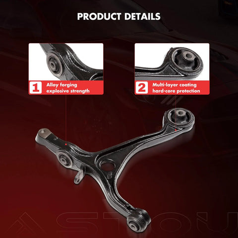 Front lower suspension control arm, black metal with bushings, automotive replacement part