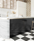 Hella Sleek Black Metallic Stripe Wall Panels With Self Adhesive Backing And Sound Absorbing Foam For Real Home Decor Instant Room Glow Up Adding Major Depth And Fresh Vibes Today on a modern kitchen island.
