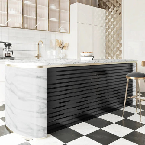 Hella Sleek Black Metallic Stripe Wall Panels With Self Adhesive Backing And Sound Absorbing Foam For Real Home Decor Instant Room Glow Up Adding Major Depth And Fresh Vibes Today on a modern kitchen island.