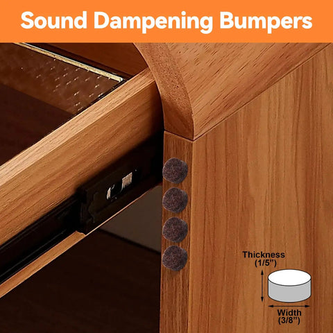 Small Cabinet Door Pads With Sticky Self Adhesive Backing Three Eighths Inch Diameter Five Millimeter Thick Brown 100 Pack shown installed on cabinet