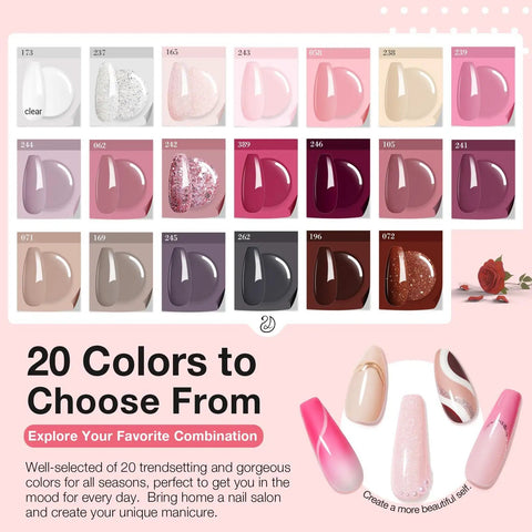 Dip Powder Nail Kit Starter With 20 Colors Including Clear Nude Pink Brown Glitter All Season Acrylic Dipping Powder