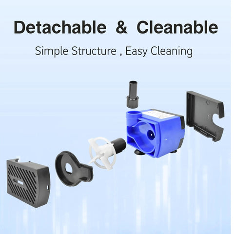 Disassembled view of Beast Submersible Pump 92GPH 5W Adjustable Flow showing detachable parts for easy cleaning.