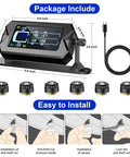 Ride-Ready TPMS For RV, Truck, And Trailer With 6 Sensors, 0-217 PSI, Bright 3-Level LCD Display And Time Display, Type-C And Solar Charging, 2-Minute Setup, 7 Smart Alerts For Pressure, Temperature, Leaks, Sensor Fault, And Battery, IP68, monitor and 6 sensors