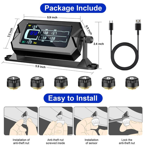 Ride-Ready TPMS For RV, Truck, And Trailer With 6 Sensors, 0-217 PSI, Bright 3-Level LCD Display And Time Display, Type-C And Solar Charging, 2-Minute Setup, 7 Smart Alerts For Pressure, Temperature, Leaks, Sensor Fault, And Battery, IP68, monitor and 6 sensors