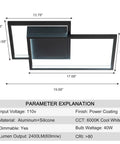 Sleek Square Frame LED Ceiling Light Fixture Dimmable 40W 6000K Cool White Flush Mount Black Finish dimensions and details