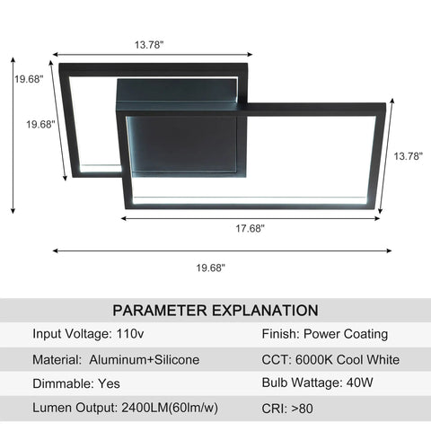 Sleek Square Frame LED Ceiling Light Fixture Dimmable 40W 6000K Cool White Flush Mount Black Finish dimensions and details