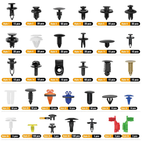 All In One Car Push Retainer Clips And Auto Fasteners Kit 975 Pieces In 33 Popular Sizes showing various clip styles and quantities