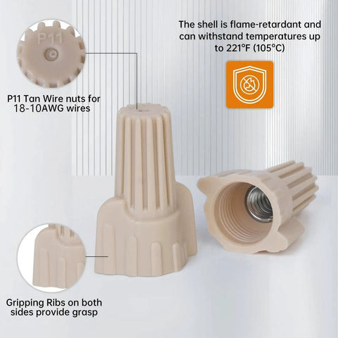 Tan Wire Nut Connectors Kit With Twist Caps And Winged Springs for DIY; shows P11 tan nuts, flame-retardant, 18-10 AWG use.