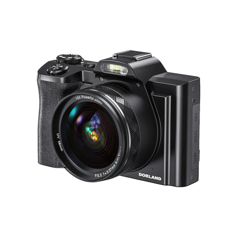 Camera front view: Dorland black digital camera with 16x zoom lens and built-in flash.